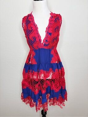 Antica Sartoria Positano Blue Red Crochet Lace Deep V Boho Dress Cover One Size
